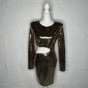 Blanc Gold Sequin Mini Dress Large Cutout Bodycon Women's Long Sleeve Party Glam